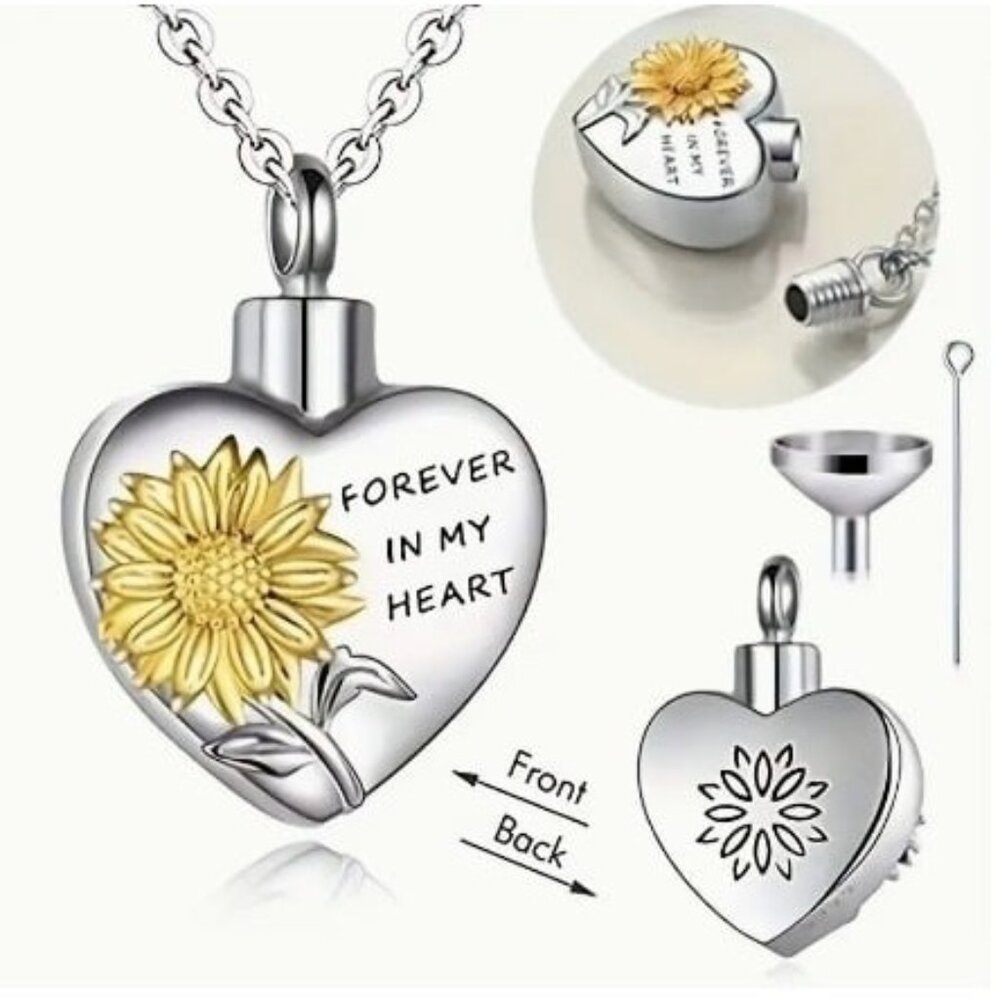 Sunflower Heart Memory Cremation Urn Pendant Necklace For Ashes